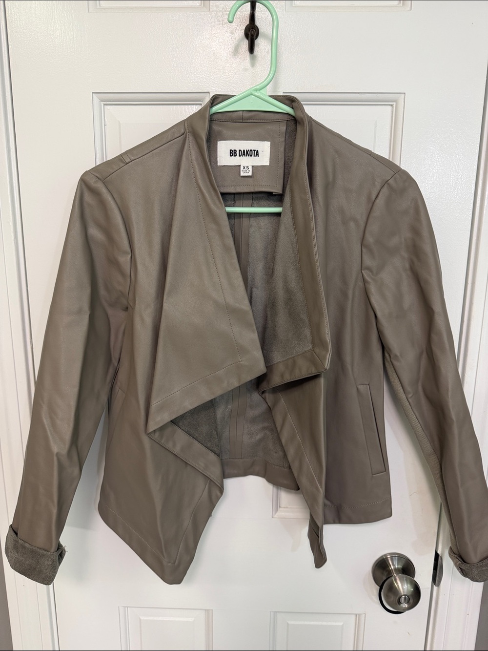 BB Dakota Taupe Draped faux Leather Jacket